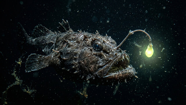 Dark deep sea anglerfish with glowing lure and sharp teeth in black underwater environment for wildlife exploration