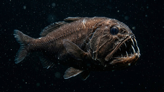 Brown deep sea fish with large mouth and long sharp teeth in dark ocean depth for scary creature concept