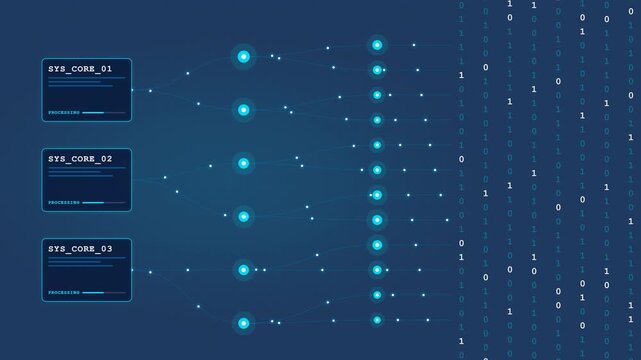 System cores translate neural data into a cascading binary matrix for high-speed quantum computing and AI simulation.