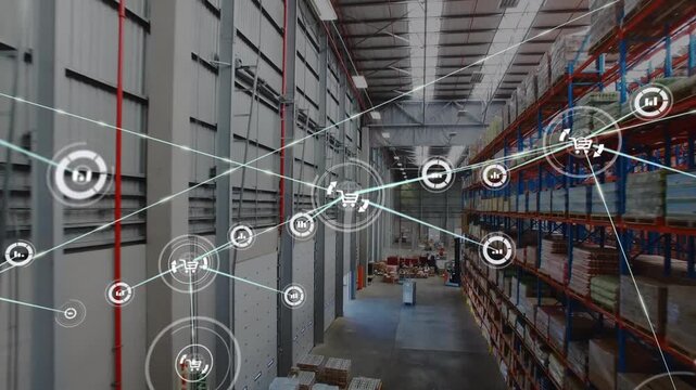 Animation of network of digital icons against aerial view of warehouse