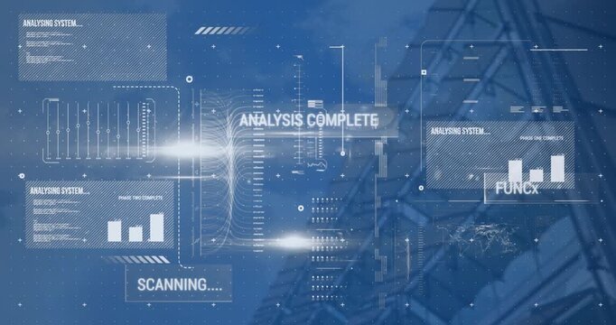 Animation of glitch over screens with diverse data and analysis background