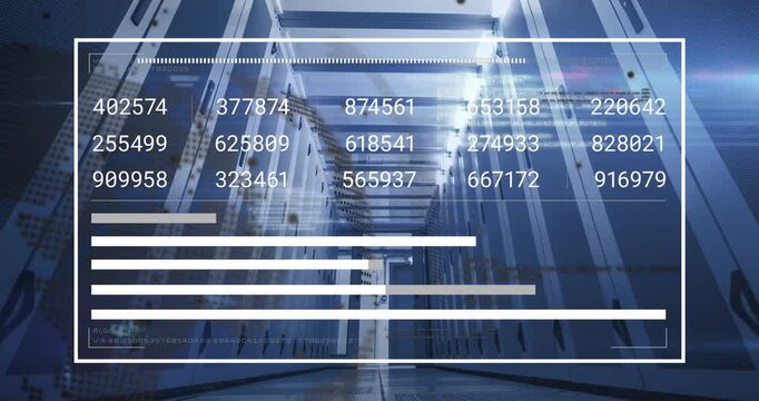 Animation of loading bars, changing numbers, computer language, globe, low angle view of server room