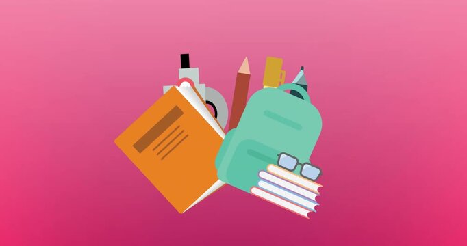 Animation of multiple school concept icons against copy space on pink gradient background