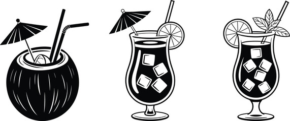 Black and white illustrations of tropical cocktails and a coconut drink umbrella © Shohidul