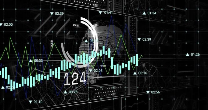 Animation of interface with data processing over spinning globe against black background