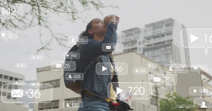 Animation of social media icons against woman drinking coffee on the street