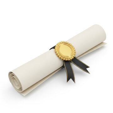 A rolled diploma with a gold seal on the end of the scroll