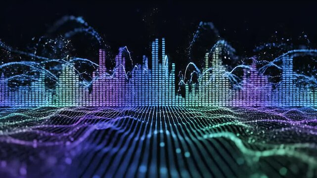 A vibrant, abstract visualization depicts a cityscape formed from glowing particles against a dark background, resembling a sound wave or data representation.