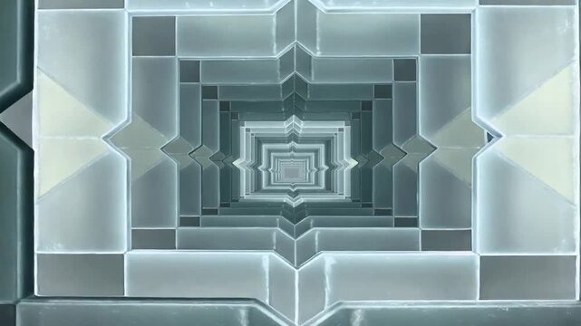 Moving center tiled tunnel pulsing inward on start in frame, creating depth, lit seams, lower band