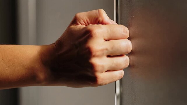 Right hand contacting frosted glass edge, tightening grip, holding and steadying panel