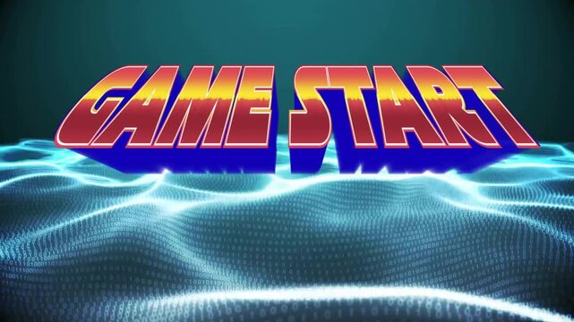 On load 3D GAME START fading and shifting colors above undulating grid wave signaling game start