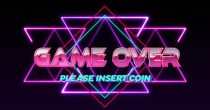 Pitch black void starting neon GAME OVER text fading in and triangles cycling urging coin insertion