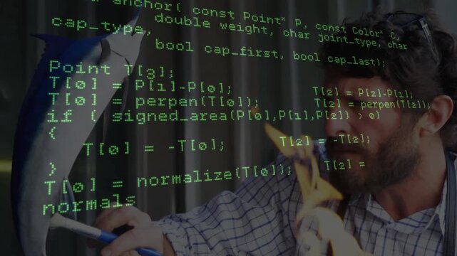 Engineer inspecting blowtorch flame under scrolling translucent code overlay validating connection