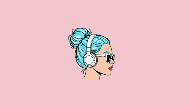Pop art woman profile with blue hair, headphones and sunglasses