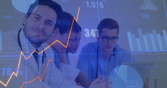 Medical team tapping laptop, gathering reviewing patient stats as data overlaying charts for review