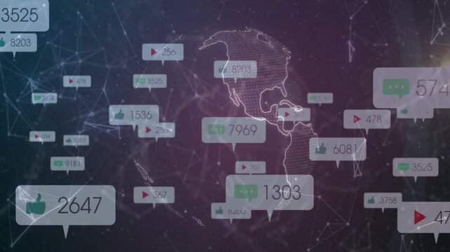 Floating bubble starting, wireframe globe focusing, rotating, sending icons showing global activity