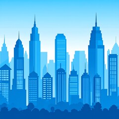 Obraz premium Silhouetted illustration of a modern cityscape with tall blue buildings