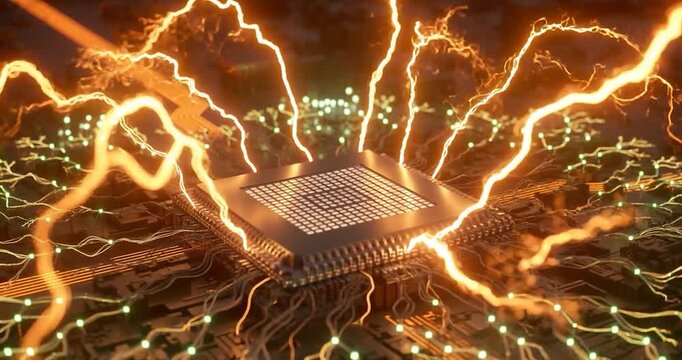 Microchip electricity circuit technology energy power lightning data glowing innovation exploding microchip energy glowing circuit board computer processor digital technology artificial intelligence