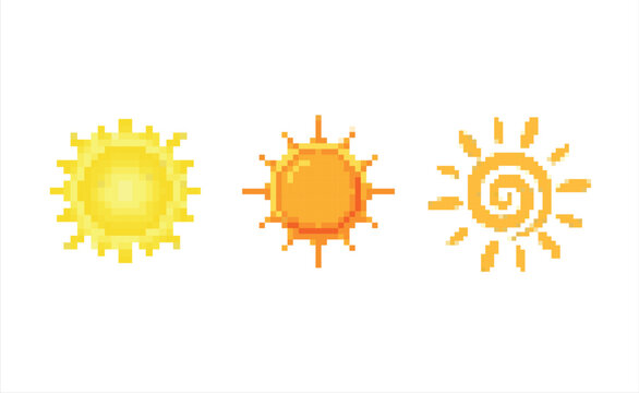 Sun icons: outline, solid, pixel art designs on white background