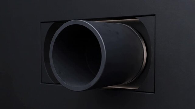 Moving camera forward, showing dark cylindrical tube in black panel, revealing flange detail