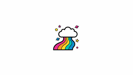 Fototapeta premium Rainbow Cloud Icon with Stars and Planets on White Background
