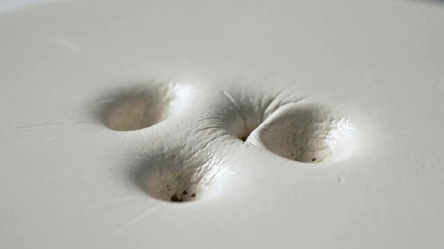 Approaching fingertip pressing pale foam, forming dimples that deepen and merge, showing resilience