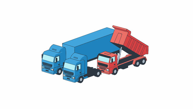 Isometric logistics transport trucks and red dump truck set