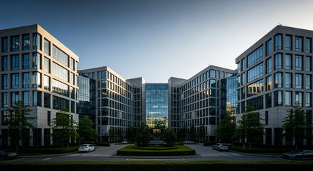 Obraz premium Modern office complex with glass facade and parking lot