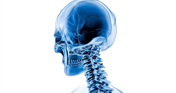 Human skull X-ray: A detailed, high-contrast X-ray image showcases a human skull and cervical spine in striking detail, offering a fascinating glimpse into the human anatomy.