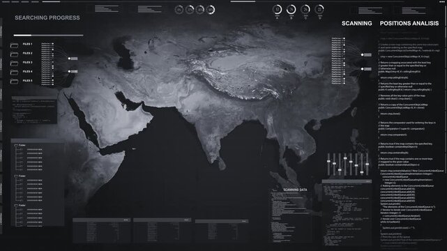 Futuristic Global Data Analysis Screen High tech world map interface filled charts code panels scanning showing digital monitoring process. research visuals, analytics presentations, news technology