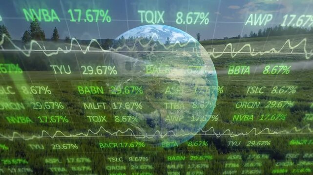 Finance overlay launching at opening, clear globe over field, green tickers white waveform moving