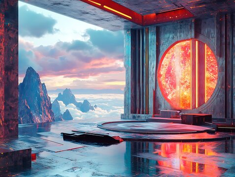 Futuristic sanctuary with mountain vista, portal and reflective floor surfaces