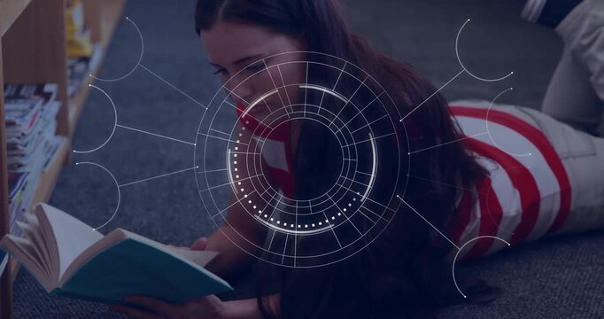 Adult woman lying reading book on opening, HUD appearing and animating over pages, aiding education