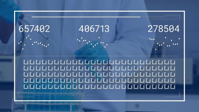 Tech wearing lab coat and teal gloves using pipette processing tubes at bench overlay appearing