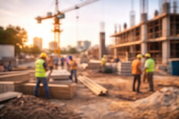 Fototapeta premium Blurred construction site with workers and cranes at sunset, representing industry, development, and progress.