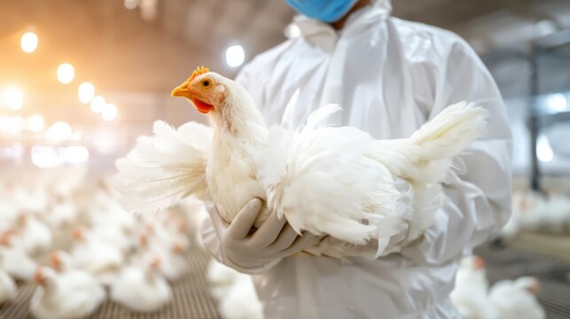 A poultry farm worker holding a healthy white broiler chicken.