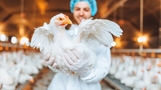 A poultry farm worker holding a healthy white broiler chicken.