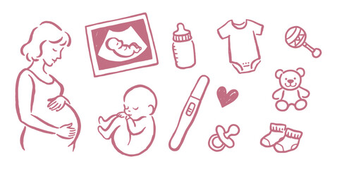 Pregnancy and baby doodle icon set hand drawn vector illustration