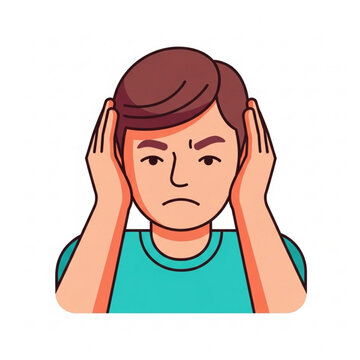 Young boy holding his head in distress while wearing a teal shirt  