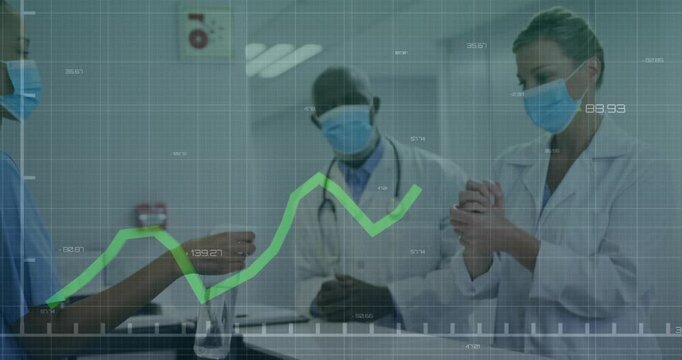Nurse passing triage sample to doctor while peer rubbing hands, transparent graph tracking hands