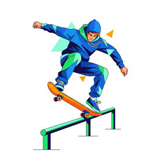 Fototapeta premium Young skateboarder performing tricks on rail in vibrant colors - Concept of teenagers, children 
