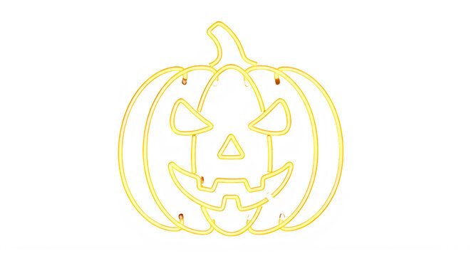 Neon jack o lantern on transparent background, Realistic 3D render for Halloween decoration or party invitation with glowing yellow lines