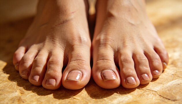 A close-up view of a person's bare feet with neatly trimmed toenails on a tiled floor
