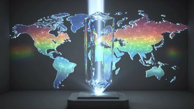 Rising pedestal beam illuminating hex prism in studio, refracting rainbow map and showing flares