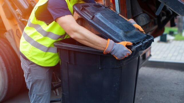 A sanitation worker lifting a black plastic garbage bin to empty it into the back of a garbage truck.