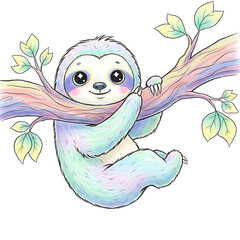 Obraz premium Cute cartoon sloth hanging on a tree branch with colorful leaves and a smile.