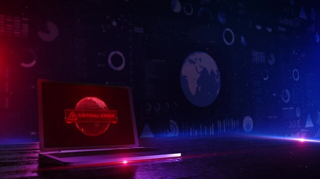 Laptop Critical System Error Alert Computer red critical error warning cybersecurity threats system failure. for hacking concepts, security awareness visuals, IT risk presentations technology danger