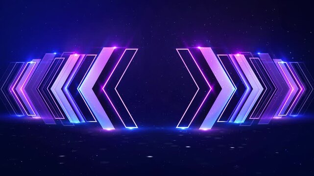 Futuristic Neon Directional Shapes Scene Glowing purple blue arrow shapes futuristic corridor depth illusion. for music visuals, stage screens, event backdrops, gaming intros, sci fi transitions.