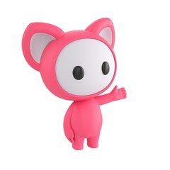 Fototapeta premium Cute 3D render Pink Monster character gesturing to the side, friendly and cheerful mascot style, presenting or introducing something, isolated on white background.