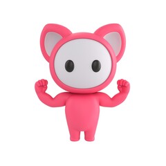 Fototapeta premium Cute 3D render Pink Monster character flexing muscles to show strength, confident and powerful mascot style, isolated on white background.